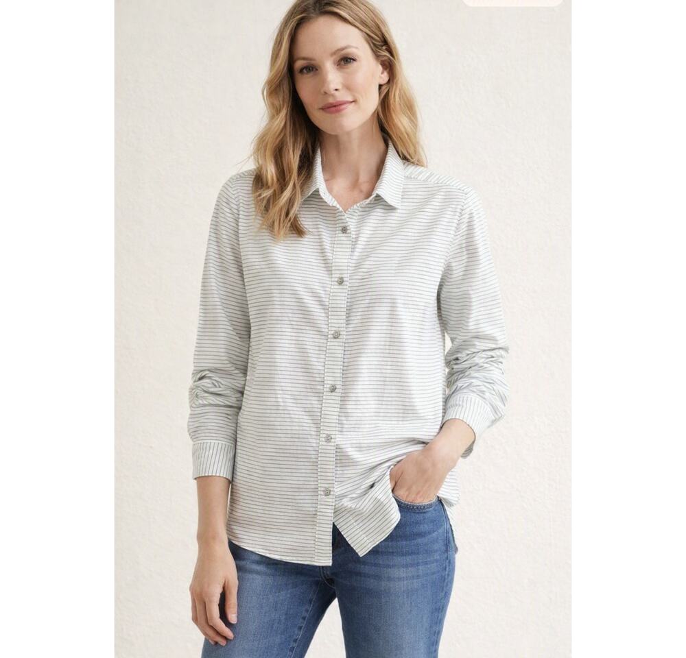 Garnet Hill Green and White Striped Essentials Organic Cotton Shirt Size 12